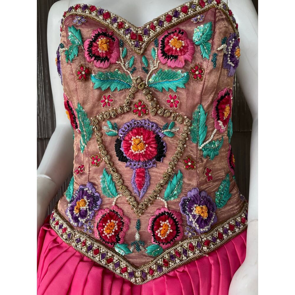 🔥80s Victor Costa Sequin Embroider Strapless Barbiecore Taffeta Pink Ball Gown - Picture 6 of 17